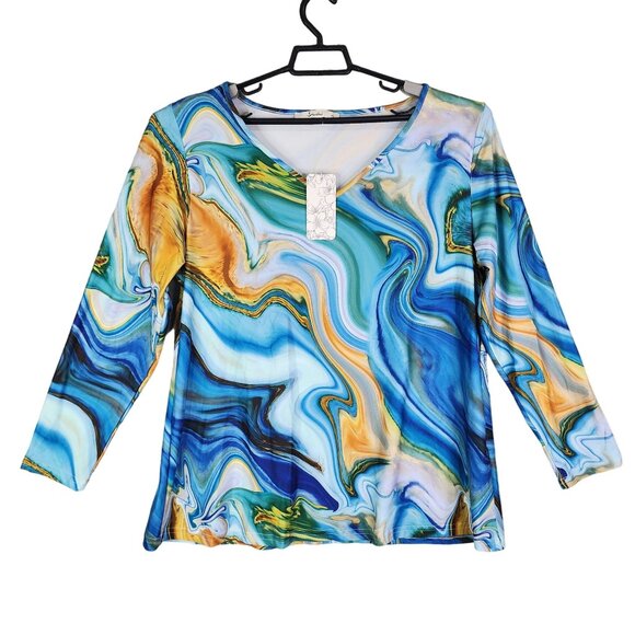 Women's Sakurafina Blouse Top Multicolor Abstract Print 3/4 Sleeve V Neck XL - Picture 1 of 11